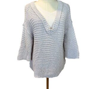Free People Oversized Light Gray half Sleeve Loose Knit V Neck Sweater. …